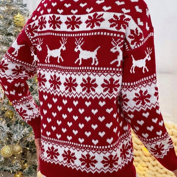 Red Casual Women's Christmas Knit Pullover Drop Shoulder Sweater - Picture 2 of 6